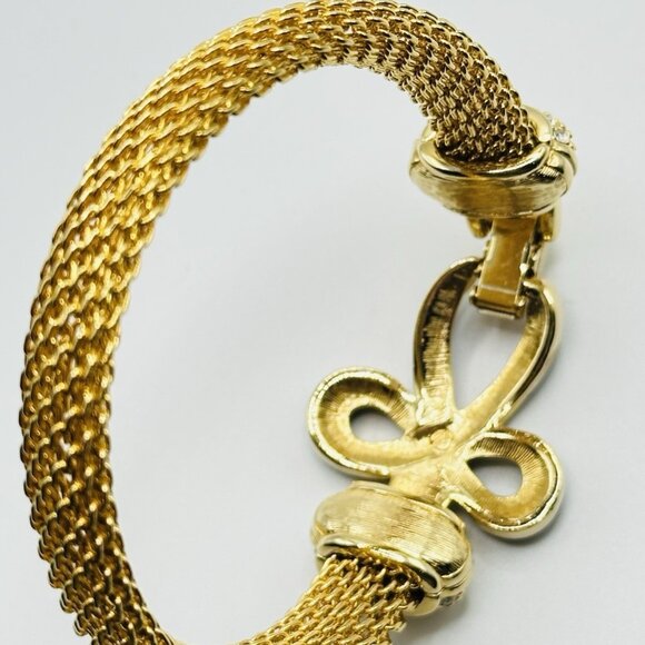 Swan SWAROVSKI Crystal Rhinestone Gold Mesh Black Enamel Bow Bracelet - Picture 10 of 10